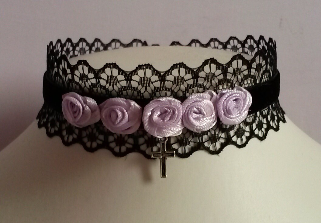 Black Pastel Goth Choker Lilac Roses Lace Velvet Necklace - Etsy