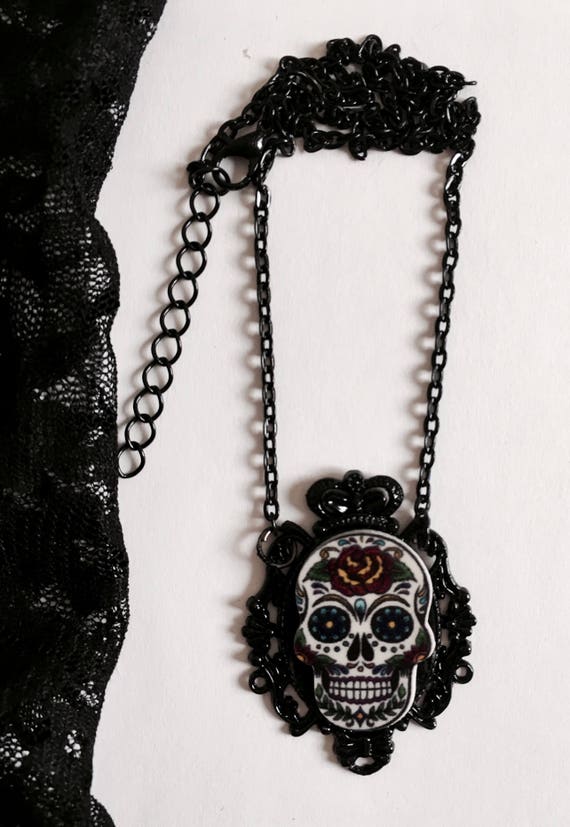 Day of the Dead Sugar Skull Cameo Choker Black Velvet Gothic Halloween Necklace