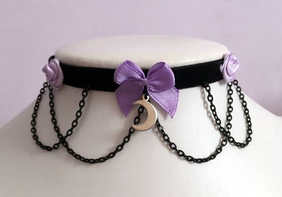 Pastel Goth Choker Lilac Moon Roses Bell Chains Bow Lolita Black Velvet  Necklace Collar Jewelry 