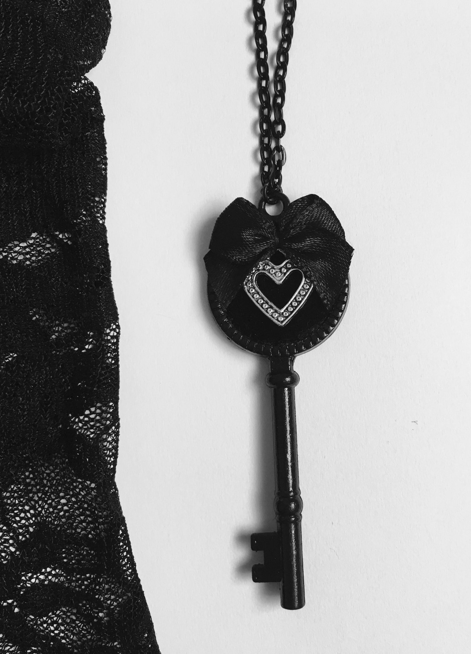 Black Key Necklace Gothic Key Grunge Necklace Black Bow Creepy Etsy
