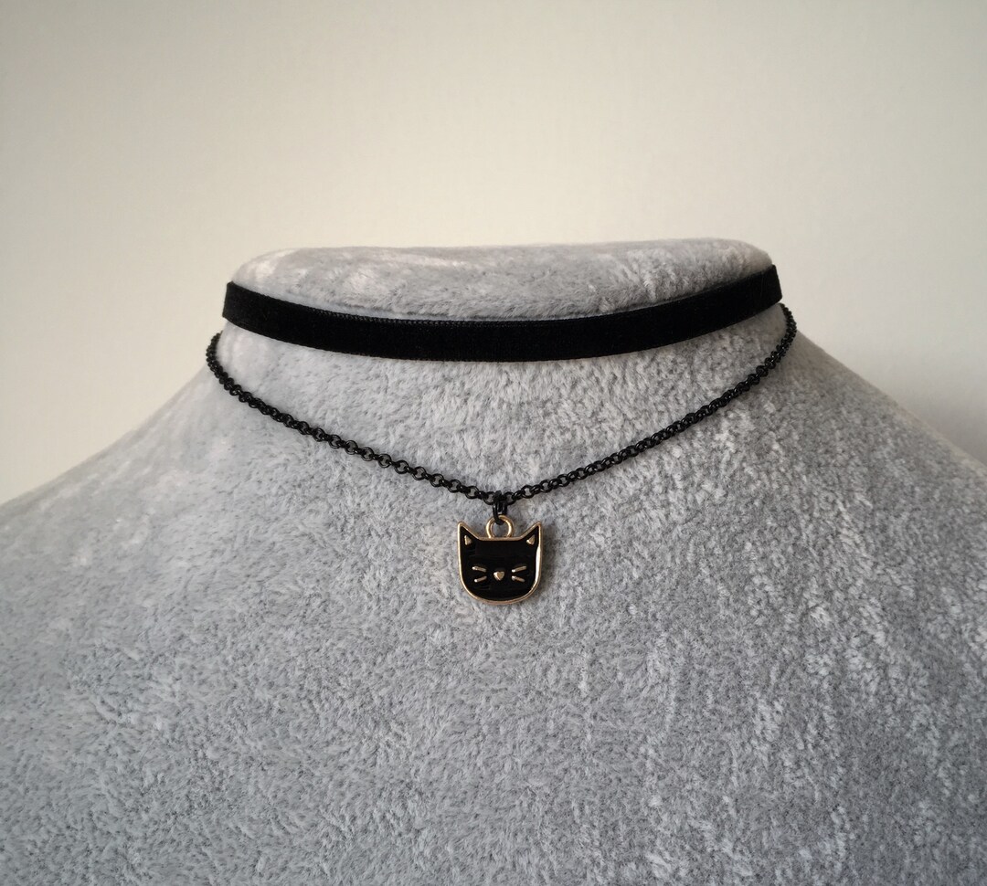 Black Kitty Cat Choker Necklace For Women - Gothic Enamel Charm On Leather Choker - View #6