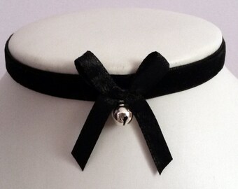 Bell Choker Velvet Bow Silver Black Collar Emo Goth Cosplay Cat kawaii