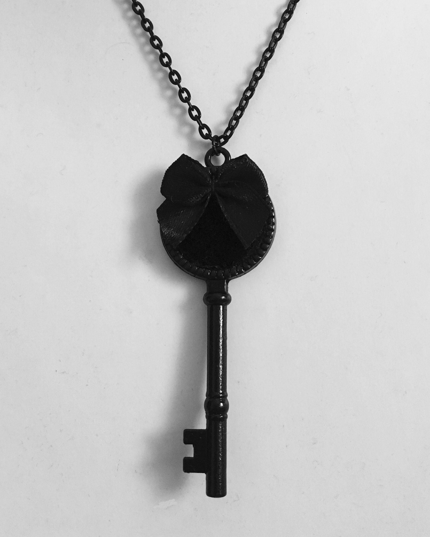 Black Key Necklace Gothic Key Grunge Necklace Black Bow Creepy Jewelry