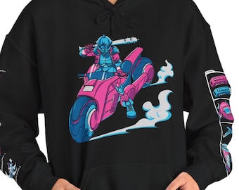 Cyberpunk Biker Unisex Heavy Blend™ Hooded / Hoodie Sweatshirt with Double Sleeve Artwork | Exclusive King of Crits Unisex Design