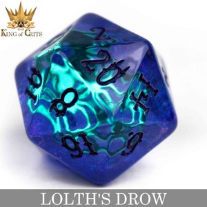 May include: A blue and green iridescent d20 dice with black numbers and a spider web design. The dice is labeled "Lolth's Drow".