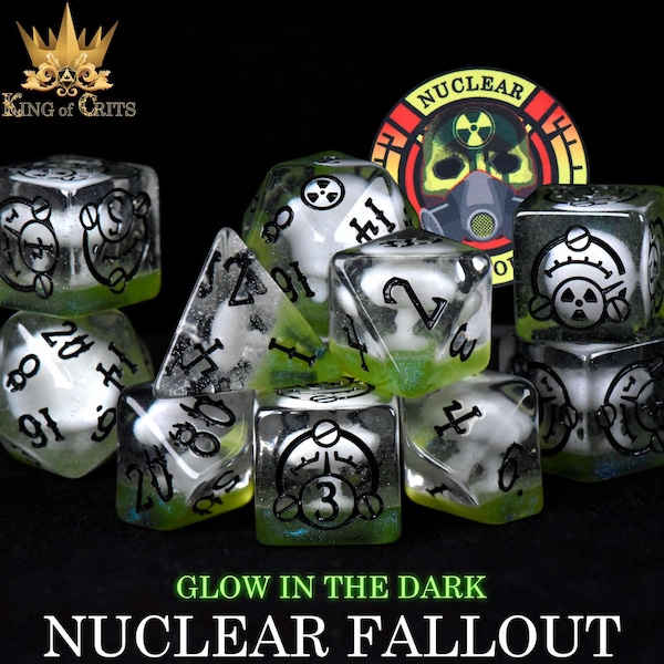 Nuclear Fallout Exclusive 11 Dice Set | Glow in the Dark Nuke Wasteland DND DICE | King of Crits Brand