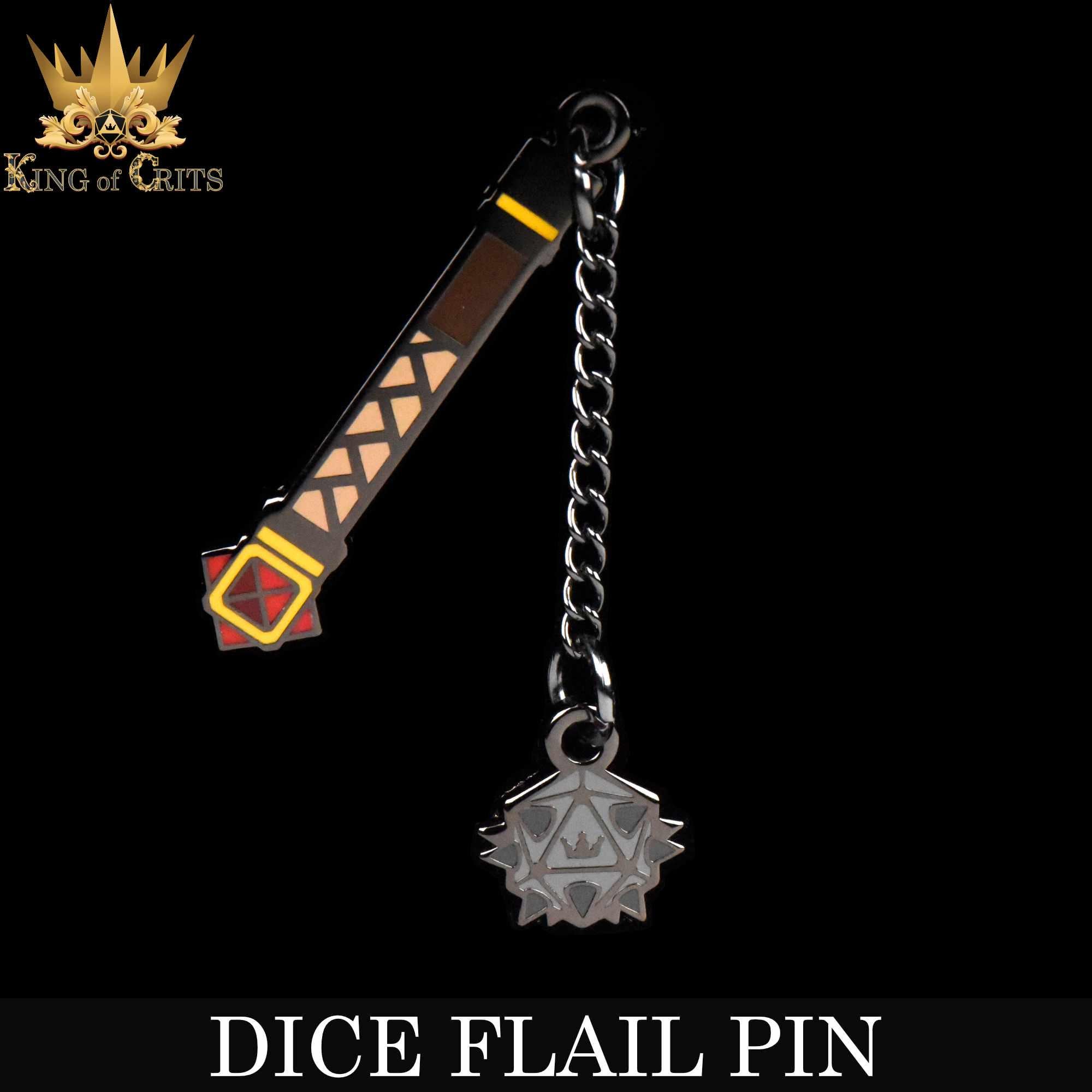 Dice Flail Enamel Pin | DND Weapon Style With Real Metal Chain | Get Wrecked Goblins! | King of Crits Brand