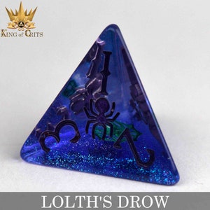 May include: A blue triangular dice with glitter embedded in the plastic. The dice has a spider and other symbols etched into the plastic.