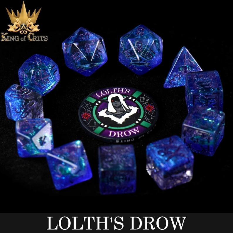 May include: A set of blue and purple dice with glitter embedded in the resin. The dice are arranged in a circle around a round token with the words "Lolth's Drow" and a black and white illustration of a drow elf.