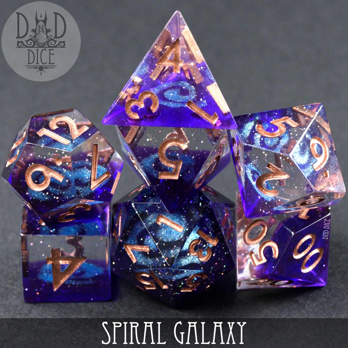 Spiral Galaxy Handmade Polyhedral Dice Set Sharp Edge Dungeons