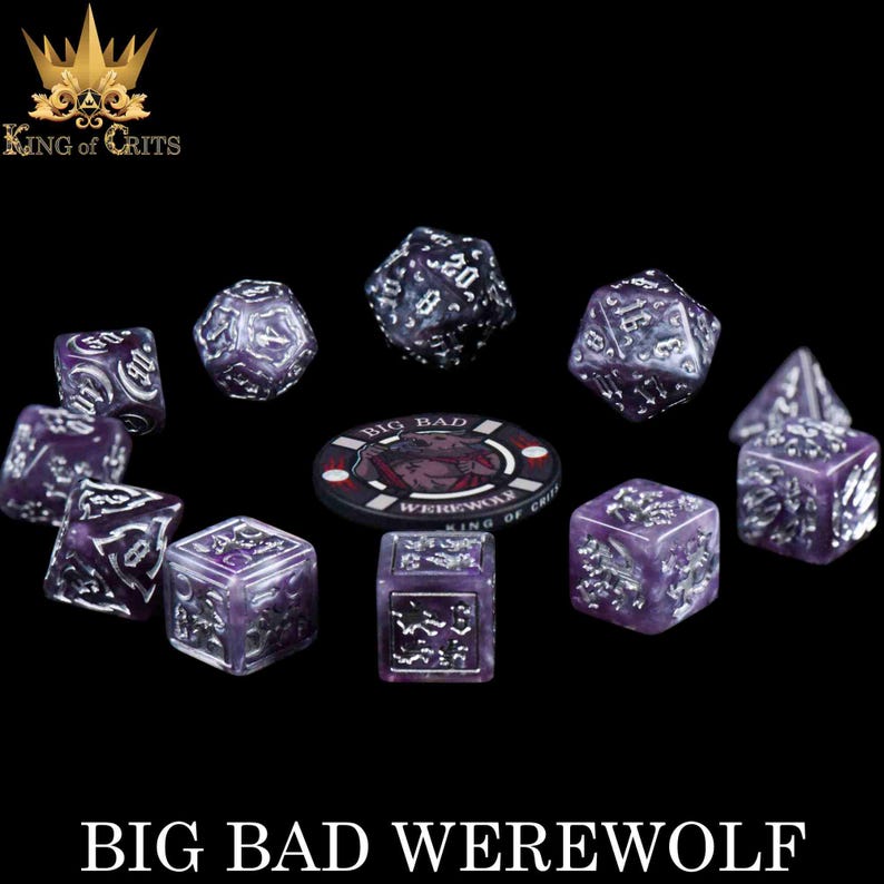 May include: A collection of purple and silver dice with various shapes and sizes, including a 20-sided die. A poker chip with a werewolf graphic is also present. The text "BIG BAD WEREWOLF" is at the bottom.