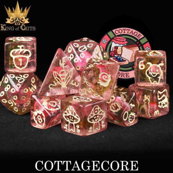 Cottagecore Exclusive 11 Dice Set | Fairycore Relaxing Lifestyle DND DICE with Butterflies, Bugs, and Animals | King of Crits Brand