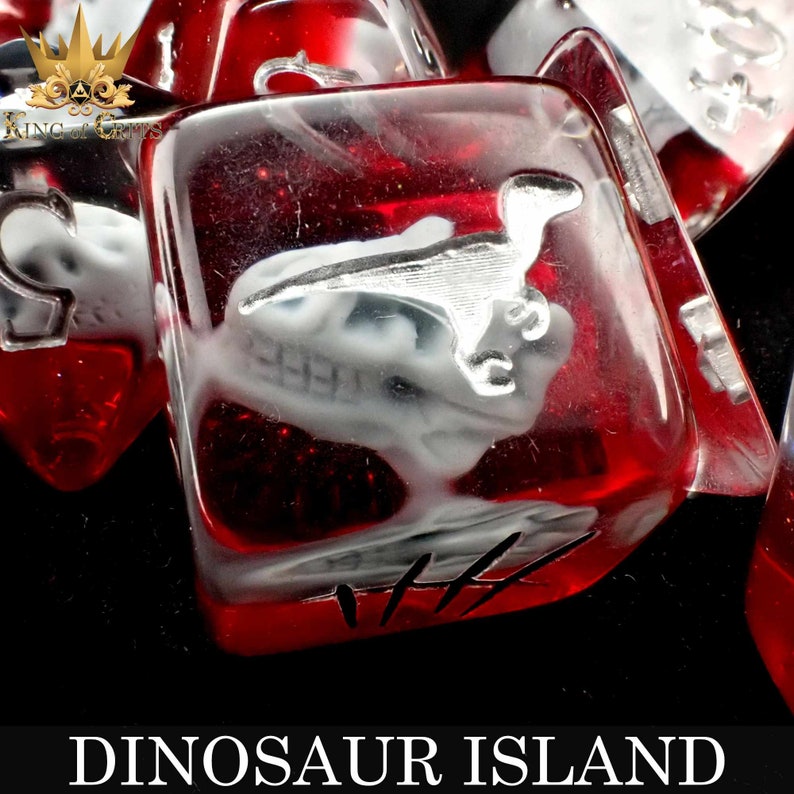 May include: A red and white dice with a white dinosaur silhouette. The dice is made of clear plastic and has a red tint. The dinosaur is facing right and has a long tail. The dice has a white outline and is surrounded by a black background.