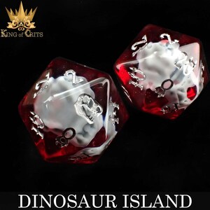 May include: Two red and clear dice with white dinosaur skull designs. The dice are numbered 1 through 6.