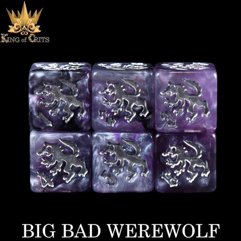 May include: Six dice with a purple and white marbled effect. Each die features a silver-colored werewolf design. The text "BIG BAD WEREWOLF" is displayed at the bottom of the image. The King of Crits logo is in the top left corner.