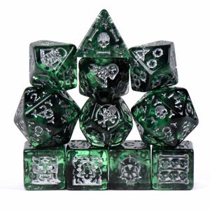 May include: A set of ten green and silver dice, featuring various shapes including a pyramid, cubes, and multi-sided dice. The dice have a dark green, marbled appearance with silver-colored symbols and skull designs. Ideal for tabletop gaming.