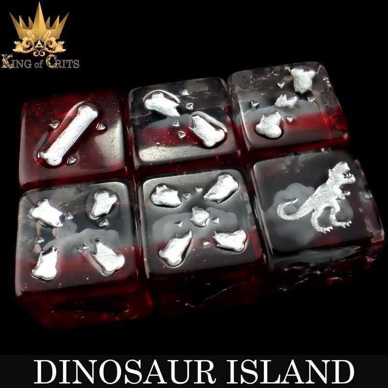 May include: Six red dice with silver dinosaur bone and footprint designs. The dice are arranged in a 2x3 grid. The dice are part of a Dinosaur Island themed set.