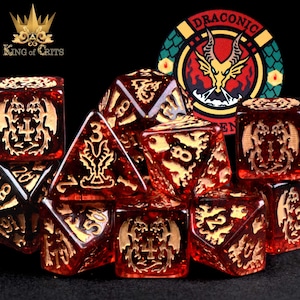 Draconic Descent Exclusive 11 Dice Set | Fire Dragon Themed Flame Tyrant DND DICE | King of Crits Brand
