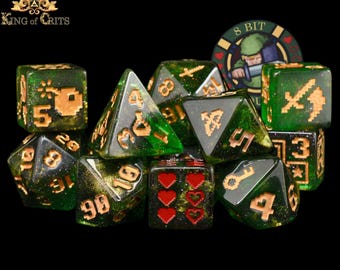 8BIT Quest Exclusive 11 Dice Set | Definitely NOT Zelda Inspired DND DICE Design | King of Crits Brand