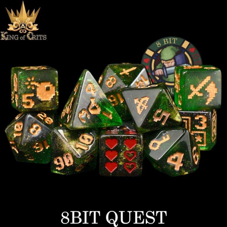 8BIT Quest Exclusive 11 Dice Set | Definitely NOT Zelda Inspired DND DICE Design | King of Crits Brand image 1
