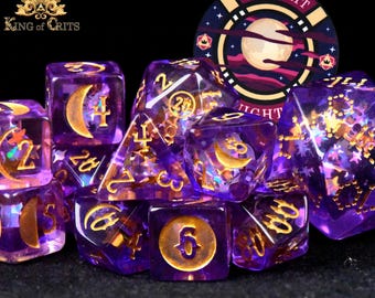 Moonlit Night Exclusive 12 Dice Set | Unique Constellation 34mm D20 | Lunar Moon Phases & Stars DND DICE | King of Crits Brand