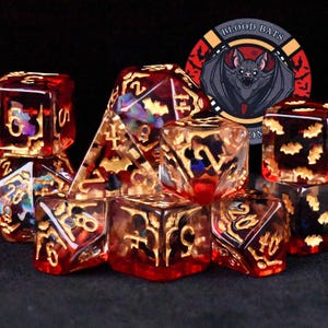 Blood Bats & Beyond Exclusive 11 Dice Set | Halloween Vampire Spooky DND DICE with Bat Pips | King of Crits Brand