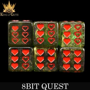 May include: Set of six green and gold dice with red pixelated hearts. The dice are labeled "8BIT QUEST".