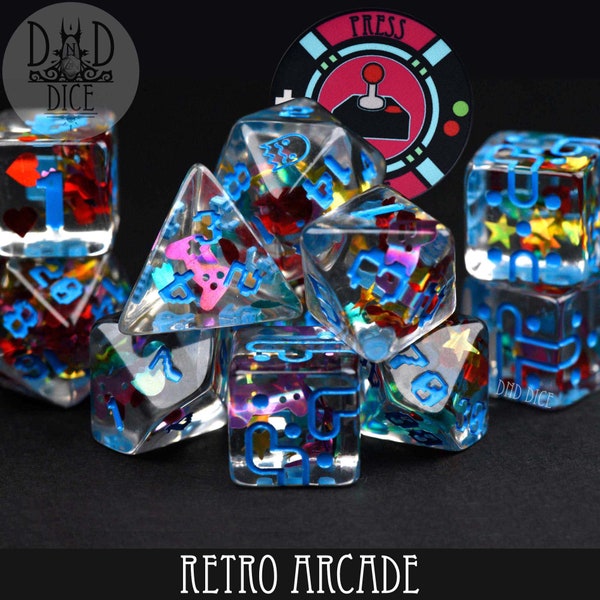 Retro Arcade Exclusive 11 Würfel Set | Videospiel-Würfel mit Einzigartiger Pixelschrift | DND WÜRFEL