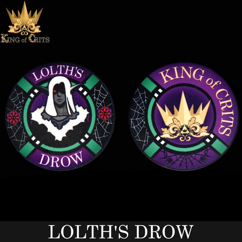 May include: Two round purple and green coasters with a spiderweb design. One coaster features a black and white illustration of a drow elf with the text "Lolth's Drow". The other coaster features a gold crown with the text "King of Crits".