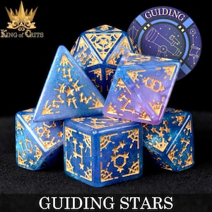Juego de 7 dados exclusivos de Guiding Stars / Tabla de constelaciones estelares única con fuente y diseño de DND DICE / Marca King of Crits