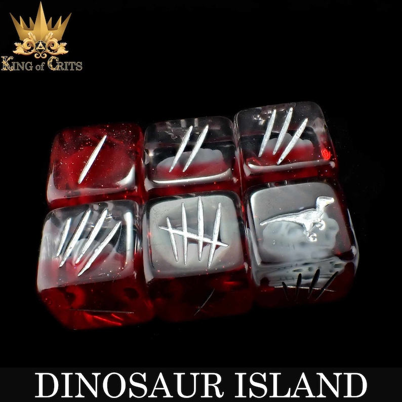 May include: Set of six red and clear dice with silver markings. The dice feature a dinosaur silhouette and claw marks. The dice are labeled "Dinosaur Island".