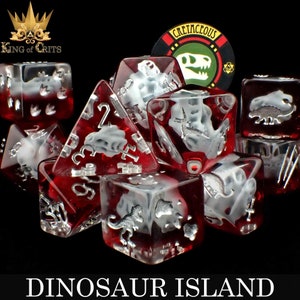 Dinosaur Island Exclusive 11 Dice Set | T-Rex and Friends Dinosaur Themed Paleontologist DND DICE | King of Crits Brand