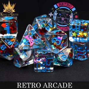 Retro Arcade Exclusive 11 Dice Set | Video Game Dice with Unique DND DICE Pixel Font | King of Crits Brand