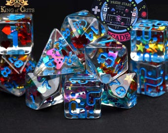 Retro Arcade Exclusive 11 Dice Set | Video Game Dice with Unique DND DICE Pixel Font | King of Crits Brand