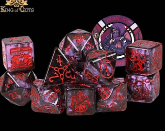 Rogue's Rendezvous Exclusive 11 Dice Set with Poker Chip | Thief Assassin Trickster Themed Character Class DND DICE | King of Crits Brand
