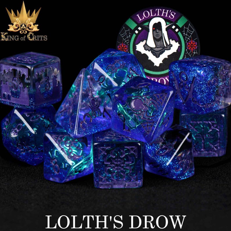 May include: A set of iridescent blue and green dice with a spider web design and glitter. The dice are labeled with numbers and have a dark purple background. The dice are arranged in a pile on a black surface. The image also includes a logo with the text "Lolth's Drow".