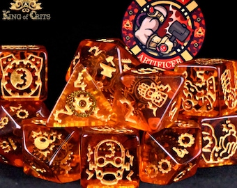 Ancient Artificer Exclusive 11 Dice Set with Poker Chip and Real Gears | Bombs, Mech Themed Character Class DND DICE | King of Crits