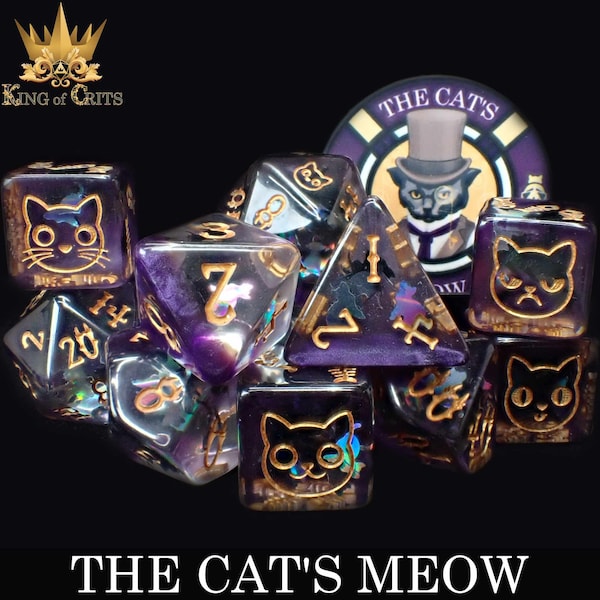 Cat's Meow Exclusive 11 Dice Set | Cute Kawaii Kitty Cat Faces on DND DICE | King of Crits Brand