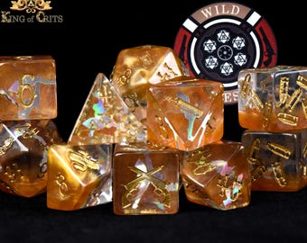 Wild West Exclusive 11 Dice Set | Cowboy Gunslinger Themed DND DICE with Bullet Pips | King of Crits Brand