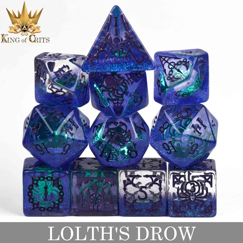 May include: A set of 10 blue and green dice with a spider web design and glitter. The dice are arranged in a pyramid shape. The dice are labeled with numbers 1 through 10. The dice are made of clear plastic with a blue and green glitter effect. The dice are labeled with the text "Lolth's Drow".