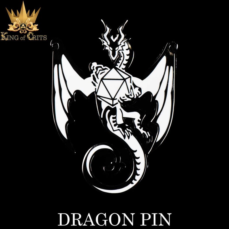 May include: Black and white enamel pin of a dragon curled around a twenty-sided die. The pin says "Dragon Pin" at the bottom.