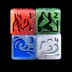 May include: Four square dice with elemental symbols: fire, mountain, wave, and wind. The fire die is red with flames and the number 1. The mountain die is green with a tree and the number 2. The wave die is blue with a wave and the number 3. The wind die is white with a swirl and the number 4.