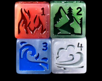 Forces of Nature 4D6 Dice Set | 4 Elements DND DICE D6 Pack | Earth, Air, Fire, Water | King of Crits Brand