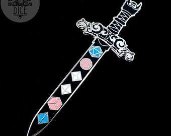 Trans Polyhedral Dice Sword Enamel Pin | Exclusive Design | Dungeons and Dragons LGBTQIA+ | DND DICE