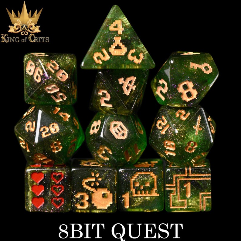8BIT Quest Exclusive 11 Dice Set | Definitely NOT Zelda Inspired DND DICE Design | King of Crits Brand image 2
