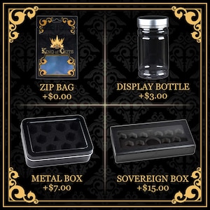 May include: An image showcasing four different containers. A zip bag, a display bottle with a silver lid, a metal box, and a sovereign box. The text on the image reads "KING of CRITS", "ZIP BAG", "DISPLAY BOTTLE", "METAL BOX", and "SOVEREIGN BOX".