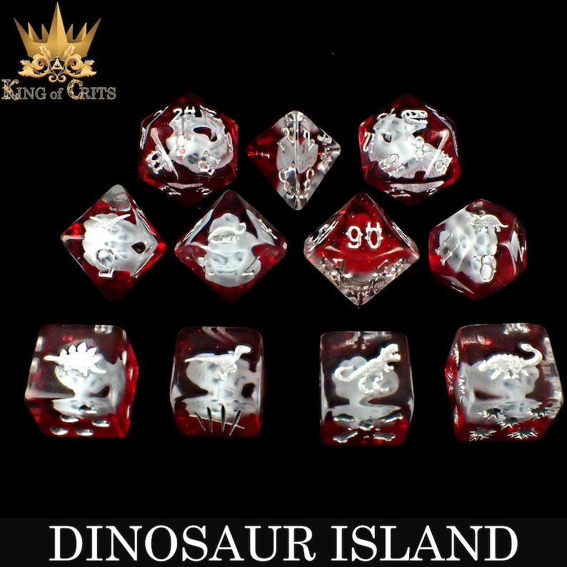 May include: Set of ten red and clear dice with white dinosaur illustrations. The dice are numbered 1-6 and 9-12. The dice are labeled "Dinosaur Island".