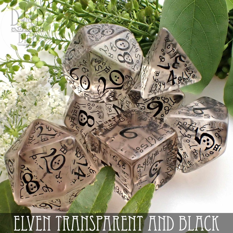 Elven Transparent & Black Dice Set | Elven Script | DND DICE 