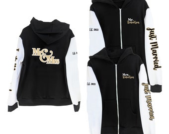 Design your own bride and groom zip up hoodies or jackets; Mr and Mrs sweatshirts; wedding party gifts