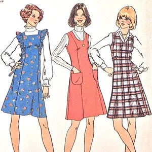 70&#39;s Jumper Pattern, Simplicity 7058, Size 12, Jumper Dress with Three Necklines, Princess Seams, Ruffle and Pocket Options